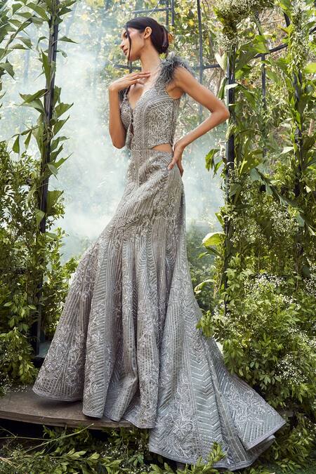 Varun Chakkilam Grey Organza Embroidery Floral Plunging V Neck Crystal Gown Online at Aza Fashions Varun Chakkilam_Grey Organza Embroidery Floral Plunging V Neck Crystal Gown _Online_at_Aza_Fashions