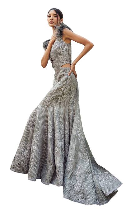Shop Varun Chakkilam Grey Organza Embroidery Floral Plunging V Neck Crystal Gown Online at Aza Fashions Shop_Varun Chakkilam_Grey Organza Embroidery Floral Plunging V Neck Crystal Gown _Online_at_Aza_Fashions