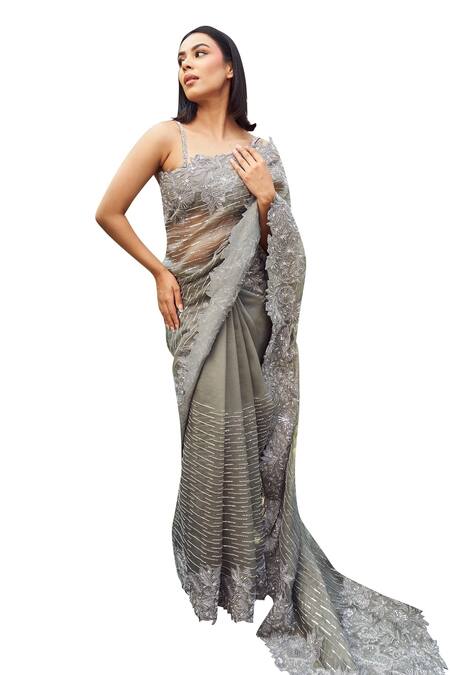 Varun Chakkilam Grey Organza Sequins, Pearls, Crystals, Embroidery Geometric Saree With Blouse Online at Aza Fashions Varun Chakkilam_Grey Organza Sequins, Pearls, Crystals, Embroidery Geometric Saree With Blouse _Online_at_Aza_Fashions