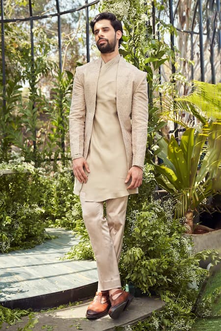 Varun Chakkilam Beige Tulle Silk Embroidery Thread Abstract Jacket Kurta Set 