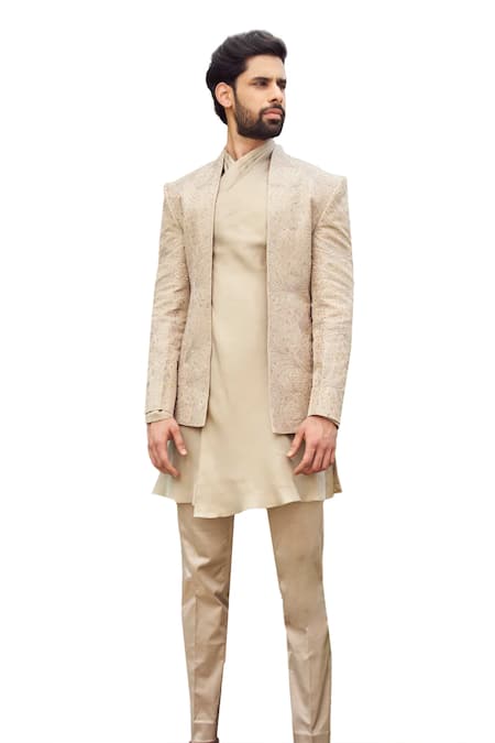 Buy_Varun Chakkilam_Beige Tulle Silk Embroidery Thread Abstract Jacket Kurta Set _Online_at_Aza_Fashions