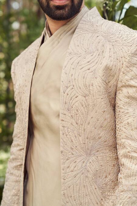 Varun Chakkilam_Beige Tulle Silk Embroidery Thread Abstract Jacket Kurta Set _at_Aza_Fashions
