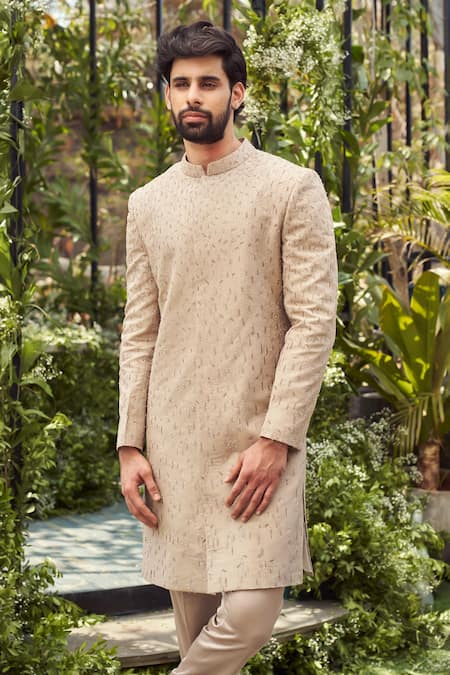 Shop Varun Chakkilam Beige Tulle Silk Embroidery Zari Sherwani With Pant at Aza Fashions Shop_Varun Chakkilam_Beige Tulle Silk Embroidery Zari Sherwani With Pant _at_Aza_Fashions