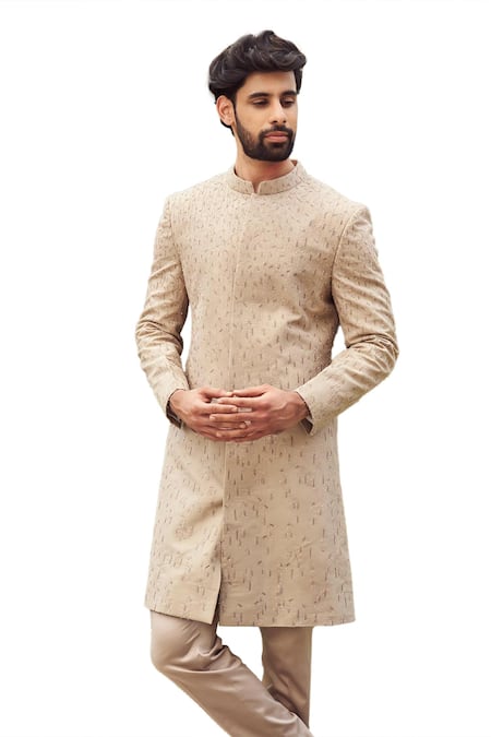 Buy Varun Chakkilam Beige Tulle Silk Embroidery Zari Sherwani With Pant Online at Aza Fashions Buy_Varun Chakkilam_Beige Tulle Silk Embroidery Zari Sherwani With Pant _Online_at_Aza_Fashions