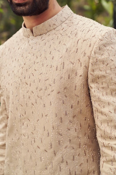 Shop Varun Chakkilam Beige Tulle Silk Embroidery Zari Sherwani With Pant Online at Aza Fashions Shop_Varun Chakkilam_Beige Tulle Silk Embroidery Zari Sherwani With Pant _Online_at_Aza_Fashions