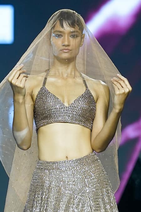 Shop_Varun Chakkilam_Brown Organza Beads Sweetheart Neck Glass Embroidered Lehenga Set _at_Aza_Fashions