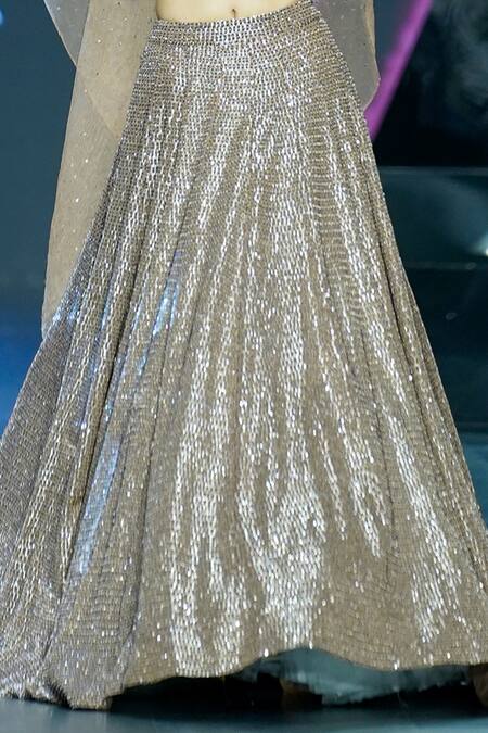 Varun Chakkilam_Brown Organza Beads Sweetheart Neck Glass Embroidered Lehenga Set _Online_at_Aza_Fashions