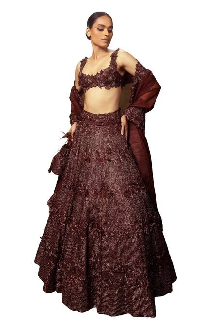 Buy Varun Chakkilam Brown Organza Sequins, Cut Work, Embroidery Flower And Geometric Lehenga Set Online at Aza Fashions Buy_Varun Chakkilam_Brown Organza Sequins, Cut Work, Embroidery Flower And Geometric Lehenga Set _Online_at_Aza_Fashions