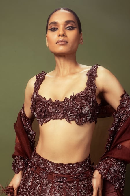 Shop Varun Chakkilam Brown Organza Sequins, Cut Work, Embroidery Flower And Geometric Lehenga Set at Aza Fashions Shop_Varun Chakkilam_Brown Organza Sequins, Cut Work, Embroidery Flower And Geometric Lehenga Set _at_Aza_Fashions