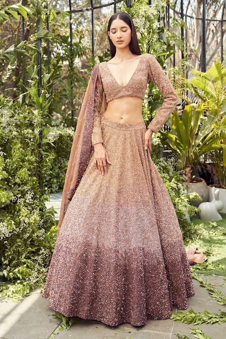 Varun Chakkilam Brown Organza Embroidery Sequins Plunging V Neck Ombre Lehenga Set 