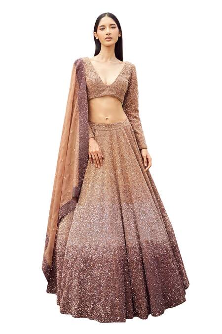 Buy_Varun Chakkilam_Brown Organza Sequins, Cut Work Plunge Neck Ombre Embroidered Lehenga Set _Online_at_Aza_Fashions