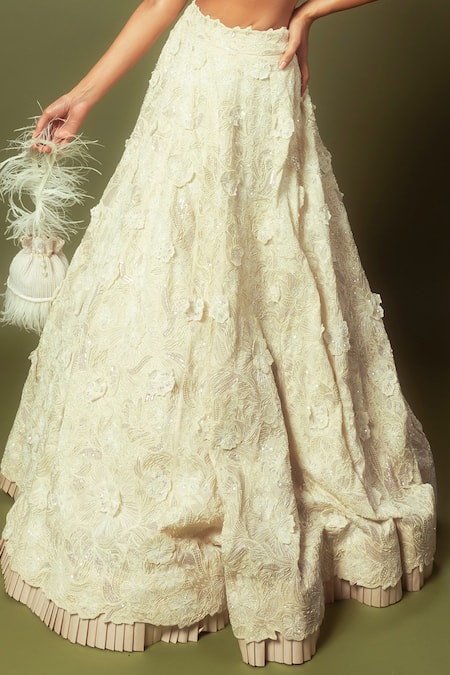 Varun Chakkilam White Organza Embroidery Pearls Sequin Flower Corsage Lehenga With Blouse Online at Aza Fashions Varun Chakkilam_White Organza Embroidery Pearls Sequin Flower Corsage Lehenga With Blouse _Online_at_Aza_Fashions