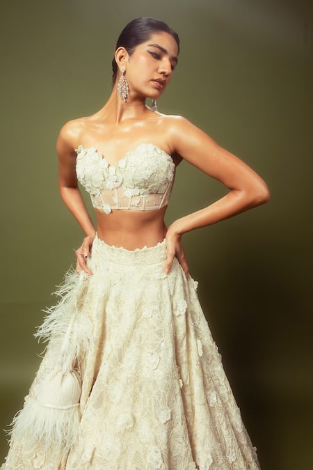 Shop Varun Chakkilam White Organza Embroidery Pearls Sequin Flower Corsage Lehenga With Blouse at Aza Fashions Shop_Varun Chakkilam_White Organza Embroidery Pearls Sequin Flower Corsage Lehenga With Blouse _at_Aza_Fashions