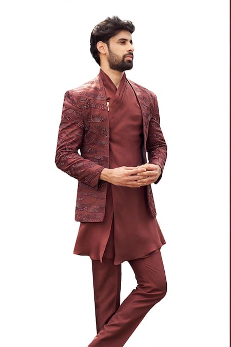 Buy Varun Chakkilam Maroon Tulle Silk Embroidery Sequins Geometric Jacket Kurta Set Online at Aza Fashions Buy_Varun Chakkilam_Maroon Tulle Silk Embroidery Sequins Geometric Jacket Kurta Set _Online_at_Aza_Fashions