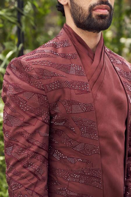 Shop Varun Chakkilam Maroon Tulle Silk Embroidery Sequins Geometric Jacket Kurta Set Online at Aza Fashions Shop_Varun Chakkilam_Maroon Tulle Silk Embroidery Sequins Geometric Jacket Kurta Set _Online_at_Aza_Fashions