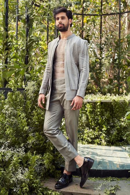 Shop Varun Chakkilam Grey Tulle Silk Embroidery Cutdana Geometric Beads Jacket Pant Set at Aza Fashions Shop_Varun Chakkilam_Grey Tulle Silk Embroidery Cutdana Geometric Beads Jacket Pant Set _at_Aza_Fashions