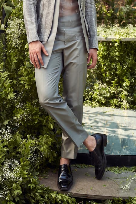 Varun Chakkilam Grey Tulle Silk Embroidery Cutdana Geometric Beads Jacket Pant Set Online at Aza Fashions Varun Chakkilam_Grey Tulle Silk Embroidery Cutdana Geometric Beads Jacket Pant Set _Online_at_Aza_Fashions