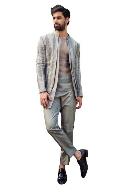 Buy Varun Chakkilam Grey Tulle Silk Embroidery Cutdana Geometric Beads Jacket Pant Set Online at Aza Fashions Buy_Varun Chakkilam_Grey Tulle Silk Embroidery Cutdana Geometric Beads Jacket Pant Set _Online_at_Aza_Fashions