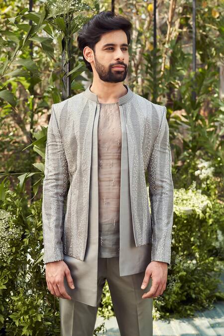 Shop Varun Chakkilam Grey Tulle Silk Embroidery Cutdana Geometric Beads Jacket Pant Set Online at Aza Fashions Shop_Varun Chakkilam_Grey Tulle Silk Embroidery Cutdana Geometric Beads Jacket Pant Set _Online_at_Aza_Fashions