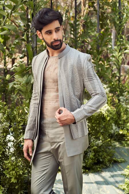 Varun Chakkilam Grey Tulle Silk Embroidery Cutdana Geometric Beads Jacket Pant Set at Aza Fashions Varun Chakkilam_Grey Tulle Silk Embroidery Cutdana Geometric Beads Jacket Pant Set _at_Aza_Fashions