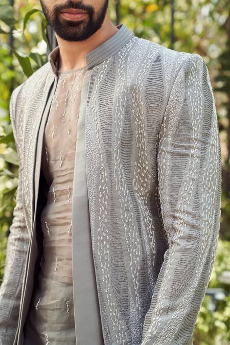 Buy Varun Chakkilam Grey Tulle Silk Embroidery Cutdana Geometric Beads Jacket Pant Set Buy_Varun Chakkilam_Grey Tulle Silk Embroidery Cutdana Geometric Beads Jacket Pant Set
