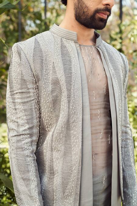 Shop Varun Chakkilam Grey Tulle Silk Embroidery Cutdana Geometric Beads Jacket Pant Set Shop_Varun Chakkilam_Grey Tulle Silk Embroidery Cutdana Geometric Beads Jacket Pant Set