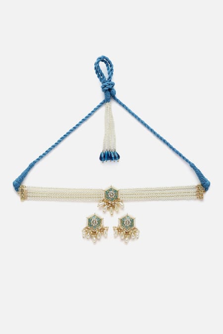 Buy Dugran By Dugristyle White Pearls, Gota Patti, Stones Embellished Choker Necklace Set Online at Aza Fashions Buy_Dugran By Dugristyle_White Pearls, Gota Patti, Stones Embellished Choker Necklace Set _Online_at_Aza_Fashions