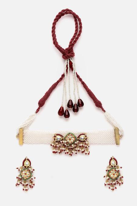 Dugran By Dugristyle_White Pearls, Lace, Stones Embellished Choker Necklace Set _Online_at_Aza_Fashions