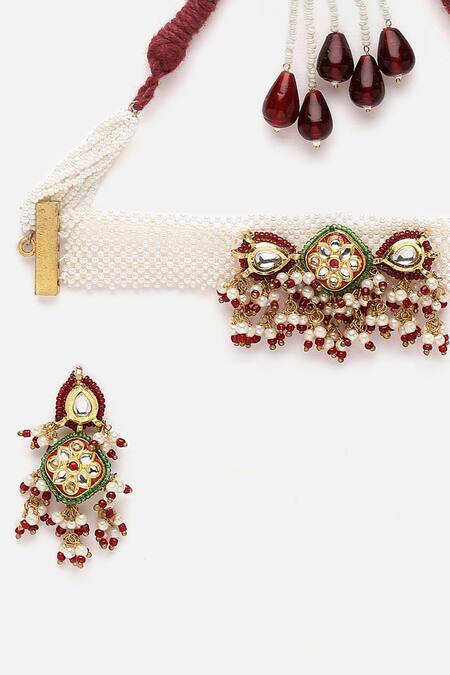 Buy_Dugran By Dugristyle_White Pearls, Lace, Stones Embellished Choker Necklace Set _Online_at_Aza_Fashions