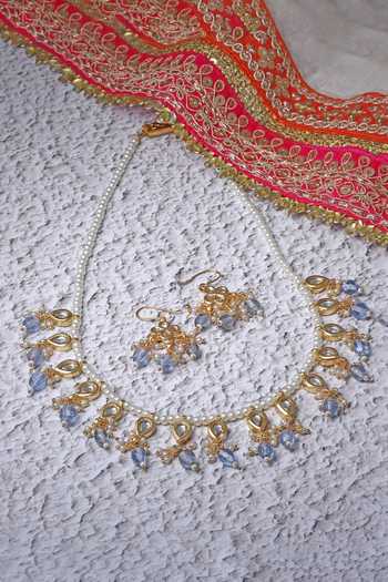 Dugran By Dugristyle_White Pearls, Lace, Stones Kundan Embellished Necklace Set _Online_at_Aza_Fashions