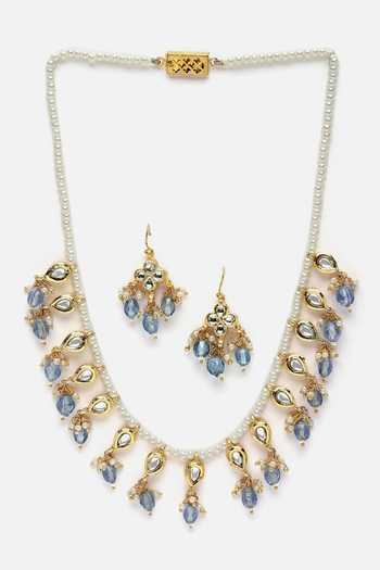Buy_Dugran By Dugristyle_White Pearls, Lace, Stones Kundan Embellished Necklace Set _Online_at_Aza_Fashions