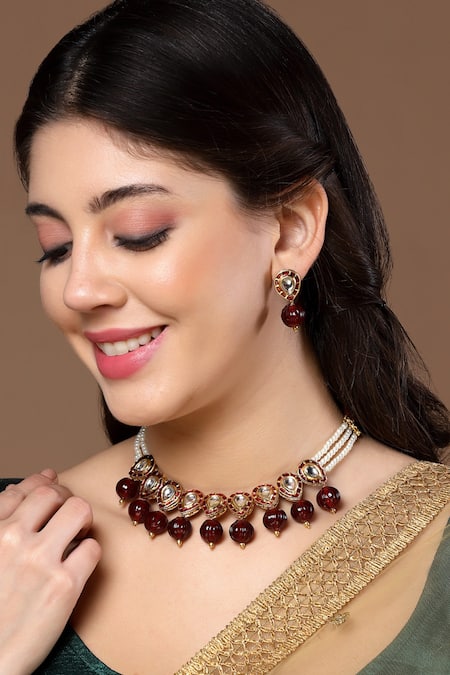 Dugran By Dugristyle Red Kundan Natural Stone And Embellished Choker Necklace Set