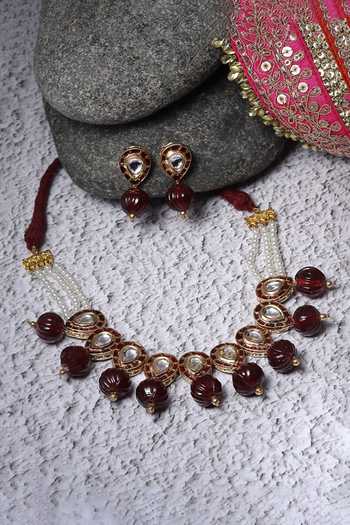 Dugran By Dugristyle_Red Pearls, Lace, Stones Natural And Kundan Embellished Choker Necklace Set _Online_at_Aza_Fashions