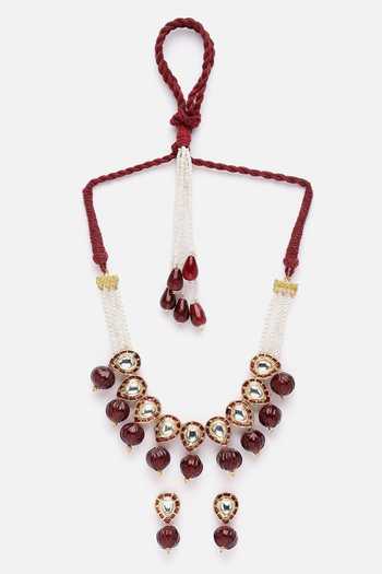 Buy_Dugran By Dugristyle_Red Pearls, Lace, Stones Natural And Kundan Embellished Choker Necklace Set _Online_at_Aza_Fashions