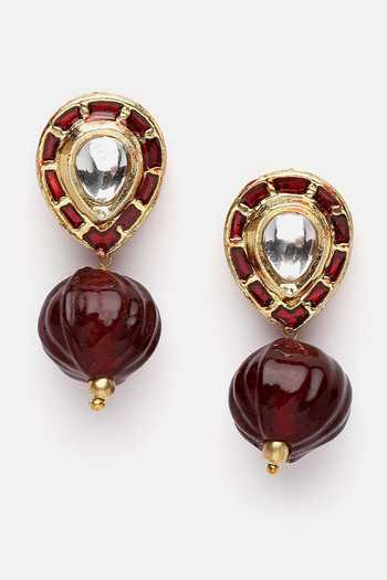 Shop_Dugran By Dugristyle_Red Pearls, Lace, Stones Natural And Kundan Embellished Choker Necklace Set _Online_at_Aza_Fashions