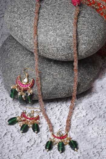 Shop Dugran By Dugristyle Brown Pearls, Stones Kundan Embellished Pendant Necklace Set at Aza Fashions Shop_Dugran By Dugristyle_Brown Pearls, Stones Kundan Embellished Pendant Necklace Set _at_Aza_Fashions