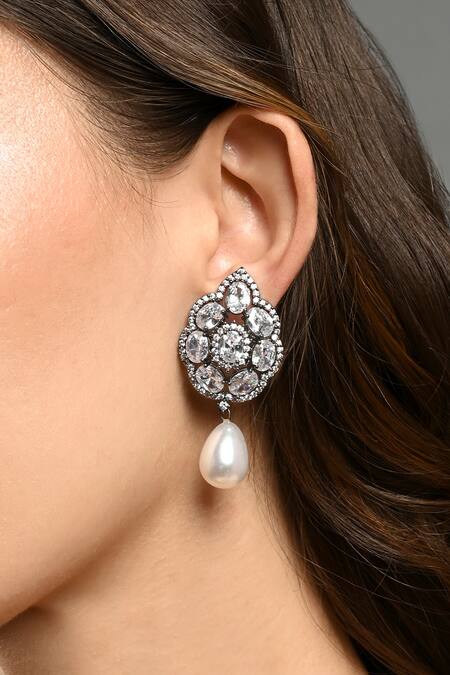 The Jewel Factor_Silver Plated Pearls, Crystals Sukoon Embellished Drop Earrings_Online_at_Aza_Fashions