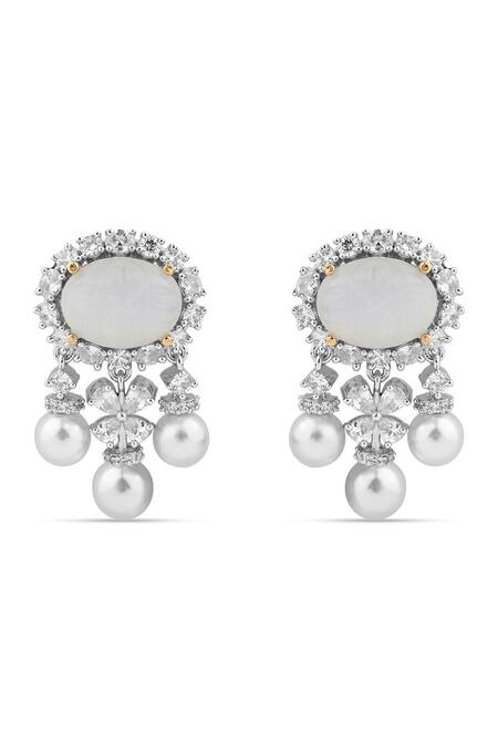 Shop The Jewel Factor Silver Plated Pearls, Stones, Crystals Jade Blossom Earrings at Aza Fashions Shop_The Jewel Factor_Silver Plated Pearls, Stones, Crystals Jade Blossom Earrings_at_Aza_Fashions