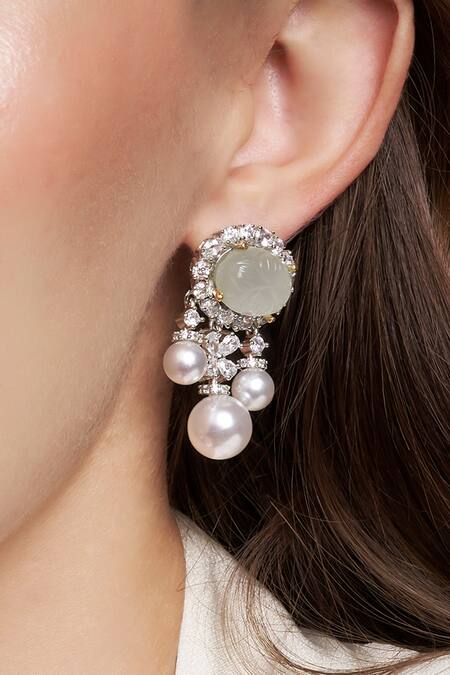 The Jewel Factor Silver Plated Pearls, Stones, Crystals Jade Blossom Earrings Online at Aza Fashions The Jewel Factor_Silver Plated Pearls, Stones, Crystals Jade Blossom Earrings_Online_at_Aza_Fashions