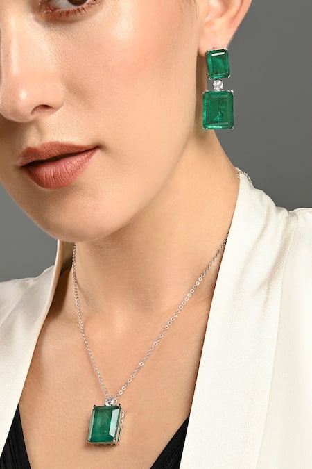 The Jewel Factor_Silver Plated Stones Mystic Serenity Pendant Necklace And Earring Set_Online_at_Aza_Fashions