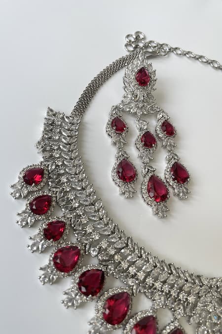Studio6 Jewels Red Stones Tear Drop Carved Necklace Set Online at Aza Fashions Studio6 Jewels_Red Stones Tear Drop Carved Necklace Set _Online_at_Aza_Fashions