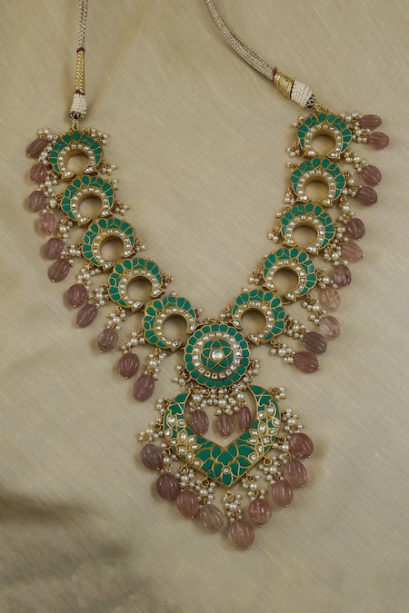 Shop Studio6 Jewels Multi Color Stones, Beads Half Crescent Carved Pendant Necklace Set at Aza Fashions Shop_Studio6 Jewels_Multi Color Stones, Beads Half Crescent Carved Pendant Necklace Set _at_Aza_Fashions