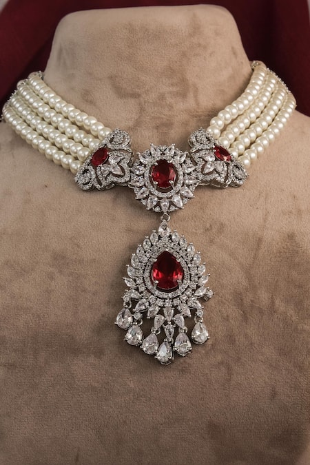 Studio6 Jewels Red Stones Tear Drop Carved Pendant Necklace Set Online at Aza Fashions Studio6 Jewels_Red Stones Tear Drop Carved Pendant Necklace Set _Online_at_Aza_Fashions