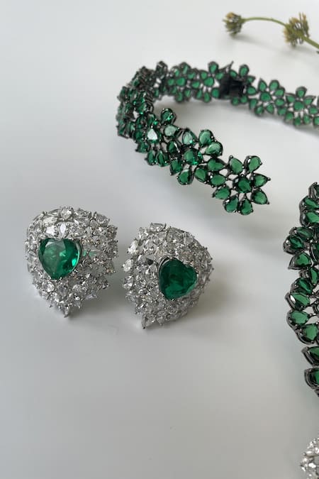 Studio6 Jewels Green Stones Heart Carved Pendant Necklace Set Online at Aza Fashions Studio6 Jewels_Green Stones Heart Carved Pendant Necklace Set _Online_at_Aza_Fashions