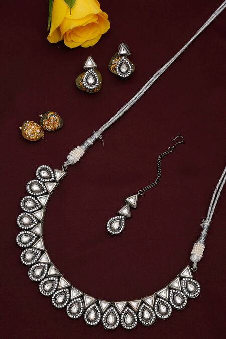 Shop Ruby Raang Grey Pearls Hand Embellished Choker Necklace Set at Aza Fashions Shop_Ruby Raang_Grey Pearls Hand Embellished Choker Necklace Set_at_Aza_Fashions