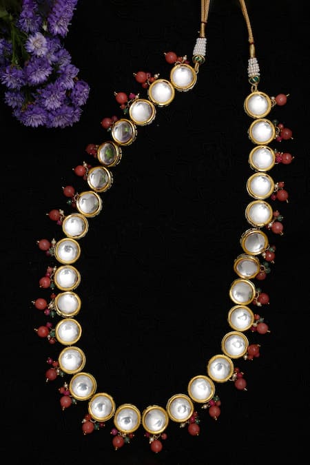 Shop Ruby Raang Gold Plated Hand Embellished Long Necklace at Aza Fashions Shop_Ruby Raang_Gold Plated Hand Embellished Long Necklace _at_Aza_Fashions