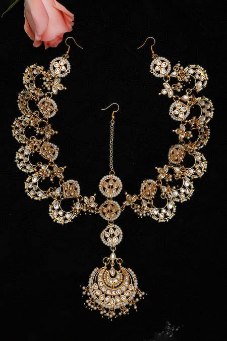 Shop Ruby Raang Gold Plated Hand Embellished Maharani Mathapatti at Aza Fashions Shop_Ruby Raang_Gold Plated Hand Embellished Maharani Mathapatti _at_Aza_Fashions