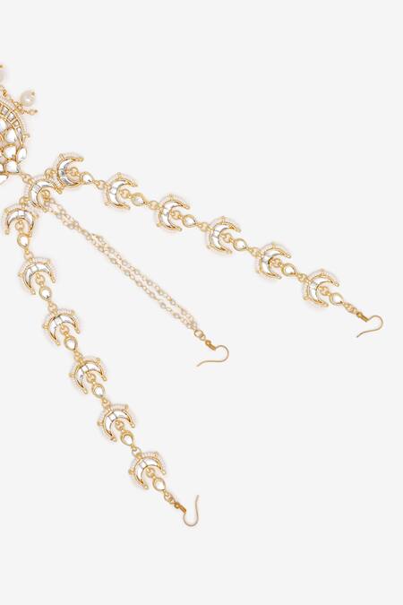 Shop Ruby Raang Gold Plated Kundan And Pearls Hand Embellished Mathapatti Online at Aza Fashions Shop_Ruby Raang_Gold Plated Kundan And Pearls Hand Embellished Mathapatti _Online_at_Aza_Fashions