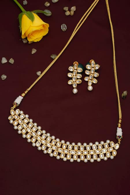 Shop Ruby Raang Gold Plated Pearls, Diamonds Hand Embellished Choker Necklace Set at Aza Fashions Shop_Ruby Raang_Gold Plated Pearls, Diamonds Hand Embellished Choker Necklace Set _at_Aza_Fashions