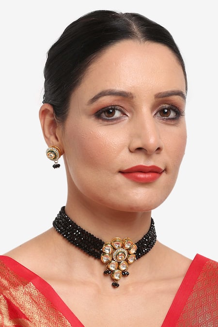 Ruby Raang Black Kundan Beads Hand Embellished Choker Necklace Set 